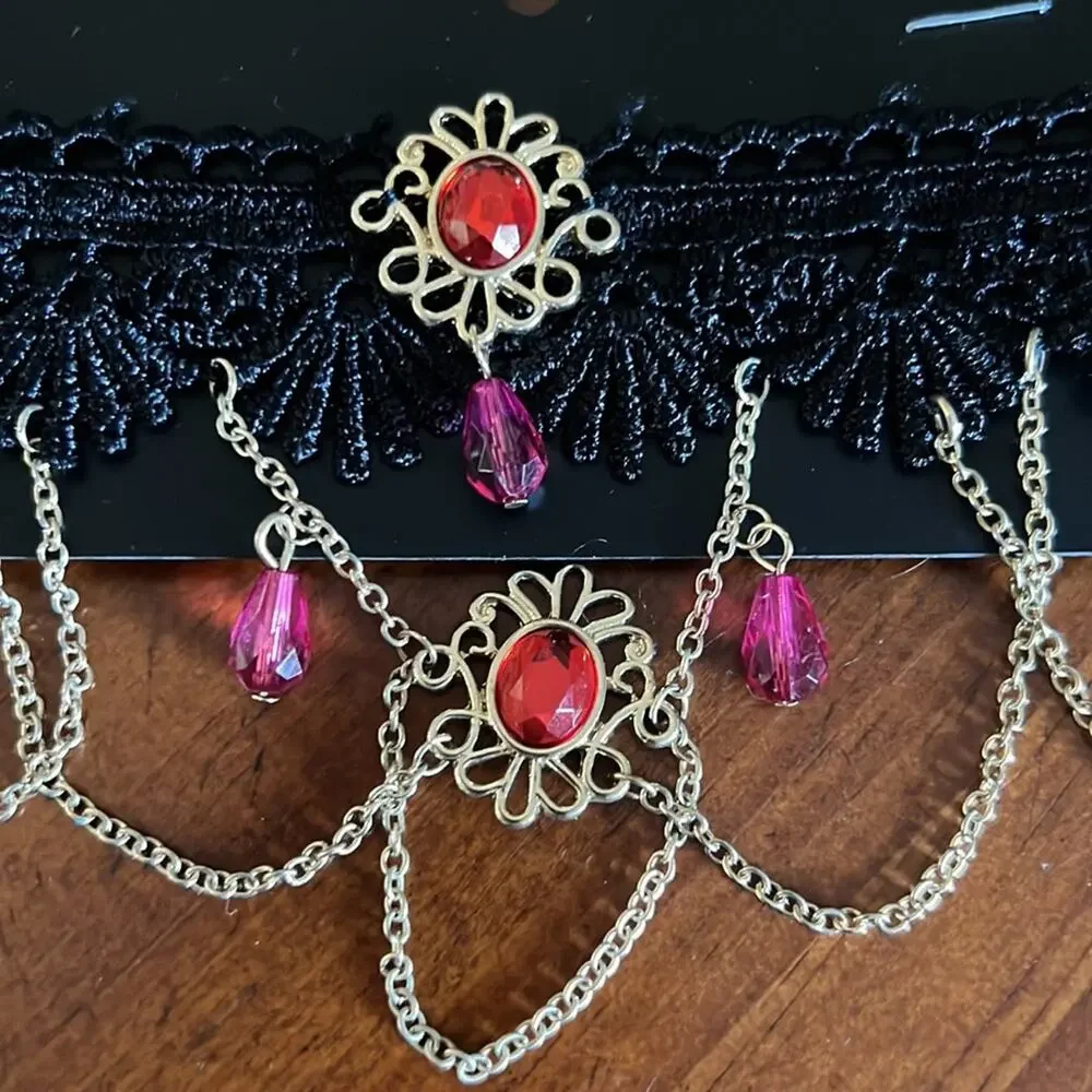isc Black Lace Choker Necklace with Gold & Red Beads and Chains 3